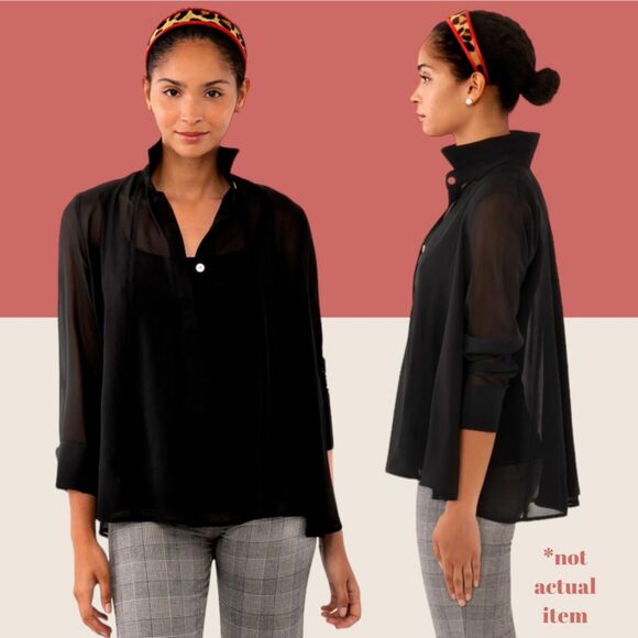 🖤 GRETCHEN SCOTT CHIFFON SEAMED TOP LONG SLEEVE SHEER BLOUSE SMALL - Picture 1 of 7